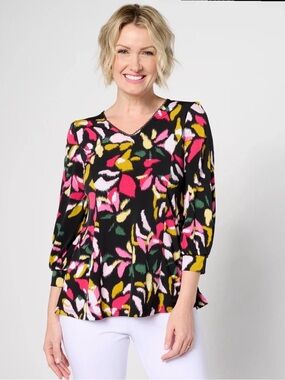 Susan Graver Liquid Knit 3/4-Sleeve Fit Shirt Pink Black L NWOT